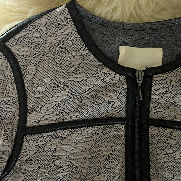 Rebecca Taylor Tan/Black Herringbone Wool/ Lambskin Leather Cropped Blazer - Picture 6 of 7